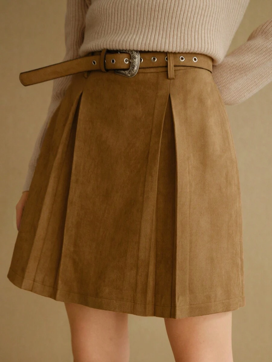 MOTF STUDIO 麂皮褶饰扣腰带半身裙