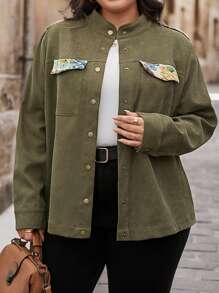 SHEIN LUNE Plus Size Solid Color Patchwork Long Sleeve Front Button Pocket Casual Jacket, Vacation Outfit Women Plus Size Fall Clothes