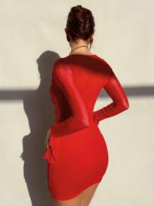 Aloruh 1pc Women Solid Color Front Tie V-Neck Elegant Long Sleeve Mini Dress