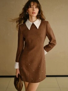 MOTF STUDIO CONTRAST PANEL FAUX PEARL DETAIL SHORT DRESS