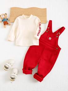 Cozy Pixies 2pcs Baby Boy Letter Pattern Knit Soft Crew Neck Long Sleeve Top And Bib Pants Set - Burgundy - View 3