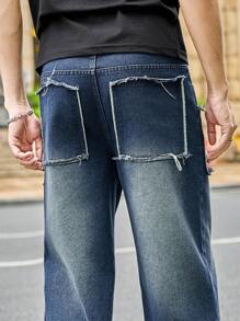 Manfinity Roughcore Men's Faded Denim Baggy Jeans With Square Patches - Blue - View 7