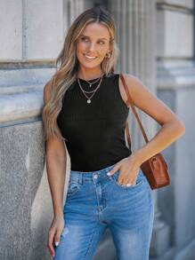 SHEIN LUNE Rib-knit Solid Tank Top - Black - View 4