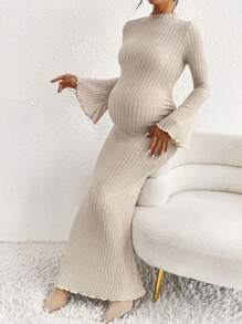 SHEIN Maternity Solid Color Round Neck Trumpet Sleeve Rib Knit Long Elegant Dress