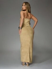 MISSGUIDED Studded Maxi Skirt Western Style High Waisted Long Skirt With Side Pockets Double Row Rivet Detail Floor Length Fall Winter Party Wear - Khaki - View 2