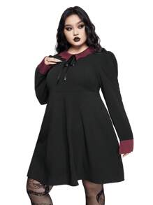 ROMWE Goth 大码女式哥特式蝙蝠领系带拼色 A 字腰连衣裙 - 黑色 - 查看 4