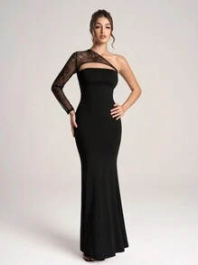 SHEIN Belle Women's Elegant Lace Patchwork Asymmetric Neckline Fishtail Formal Evening Gown, Black Long Sleeve Prom Dress, For Wedding Guest, Graduation, Dinner
