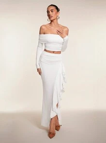 Glamine Set de 2 vestidos ajustado de manga larga asimétricos de color liso para mujer