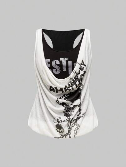 Grunge Punk Y2K Harajuku Dark Punk Skull Print Layered Mock Neck Ruffle Hem Racerback Tank Top