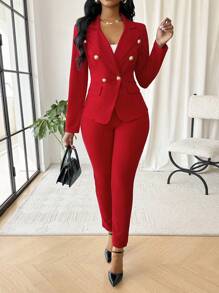 SHEIN Lady Red Two-Piece Suit With Waist-Cinching Metal Buckle Design Suit Fall Two Piece Sets Outfit Sets Red Set Women Fall Sets - Black - View 4