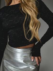 MISSGUIDED Sequin Embellished Long Sleeve Crop Top With Open Back Design For Evening Parties Club Night Holiday Winter Fall Fashion - Black - View 7