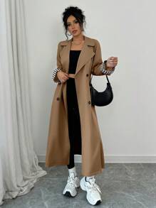 Rafferiza 女士宽松翻领双排扣格子拼布长袖风衣 - 棕色 - 查看 3