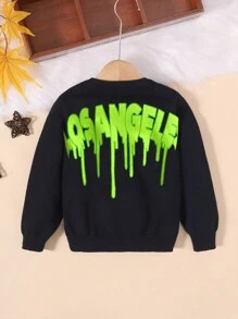 Kids/Young Boys Fluorescent Letter Print Round Neck Pullover Solid Color Warm Knitted Sweater - Black - View 1