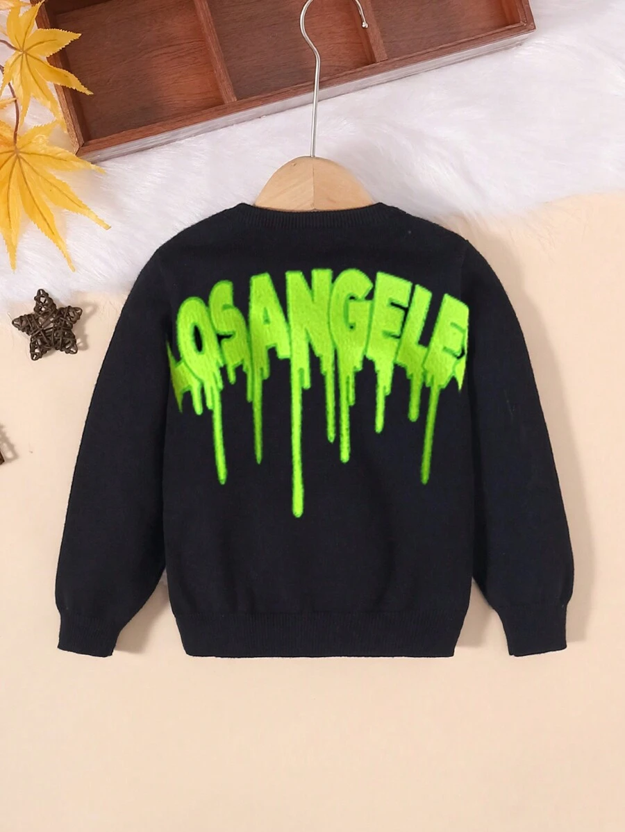 Kids/Young Boys Fluorescent Letter Print Round Neck Pullover Solid Color Warm Knitted Sweater - Black - View 1