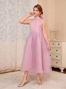 SHEIN Girl's Elegant Luxury Pink Oversized Bow Back Long Formal Dress, Suitable For Party, Banquet, Evening, Christmas, Halloween, Thanksgiving, Wedding And Other Occasions - Pink - View 3