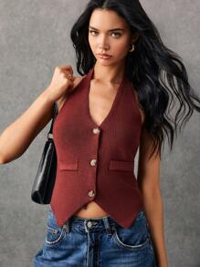 Poéselle 女式纯色单排扣休闲开衫（带挂脖）秋冬款 - 紅色 - 查看 3