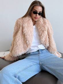 Aloruh Elegant Vintage Large Lapel Modern Faux Fur Jacket For Autumn/Winter - Apricot - View 6