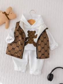 SHEIN 3pcs Baby Boy Cute Cartoon Letter Graphic Warm Thermal Lined Vest, Hoodie, And Pants Set, Suitable For Autumn, Winter, And Outdoor Activities Such As Skiing