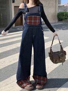 DAZY Peto vaquero casual de mujer con parche de tartán, minimalista y de moda para uso diario