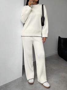 Chiquease 2 件套女士休闲罗纹撞色毛衣套装，舒适室内家居服 - 彩色 - 查看 5