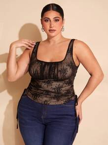 SHEIN BAE Plus Size Wide Strap Tank Top, Bow Decor, Suitable For Women Ladies' Valentine's Day, Summer Holiday Party, Elegant Birthday, Lace, Sexy, Draw String, Ruched Tank Top, Valentine's Day, Carnival, Easter, Beach, Vacation, Back To School Season, Spring/Summer - Black - View 4