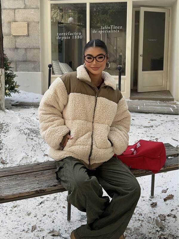 SHEIN EZwear Casual Contrast Color Patchwork Feathers& Down Jacket For Winter