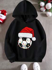 SHEIN Tween Boy Christmas Hat Print Loose Fit Long Sleeve Pullover Hoodie Sweatshirt Clothes, Autumn/Winter - Black - View 4