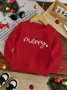 年轻女孩休闲圆领长袖心形印花运动衫，秋季，圣诞节 - 紅色 - 查看 4