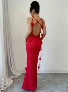 Chiquease French Fashion Sexy Bodycon Spaghetti Strap Ruffled Draped Neck Backless 3D Floral Knit Elastic Red Long Mermaid Dress For Women, Autumn For New Year Clothes Maxi Women Outfit - Red - View 5