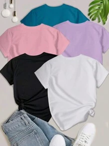 SHEIN Unity 5 件装 女式口号字母印花 T 恤短袖休闲上衣图案 T 恤女式上衣 - 彩色 - 查看 2