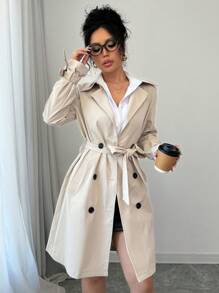 SHEIN LUNE 女杏色纯色翻领长袖吊带双排扣休闲百搭风衣春秋职场办公室通勤女装感恩节服装女冬装 - 杏色 - 查看 7