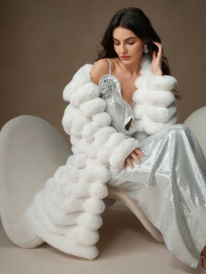 Anewsta New Arrival Autumn/Winter Fluffy Long Coat, Fashionable Faux Rabbit Fur Women Outerwear