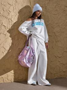 VARSITIE Solid Color Zip-Up Dropped Shoulder Casual Loose Women Sweatshirts - White - View 4