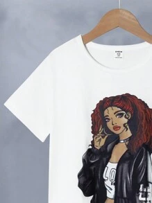 SHEIN 青少年女孩两件套：卡通人物印花圆领短袖 T 恤和工装裤，休闲 - 黑色 - 查看 4