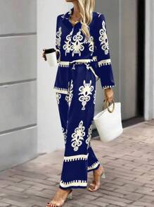 SHEIN Clasi Bộ 2 món áo sơ mi tay dài in họa tiết ngẫu nhiên và quần dài cho nữ - Màu xanh hải quân - Xem 4