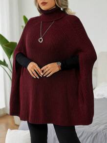 Calvaya 大码纯色高领罗纹插肩袖优雅套头毛衣，冬季秋季针织套头衫 - 酒紅色 - 查看 3