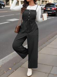 SHEIN LUNE Plus Size Women Button Design Loose Jumpsuit, Casual And Versatile, Autumn Winter Clothes For Office WearNew Vears Women Outfit Holiday Outfit