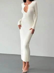 Aloruh Minimalist Deep V-Neck Tie Front Bodycon Long Sleeve Maxi Sweater Dress For Women, Autumn/Winter - Apricot - View 1