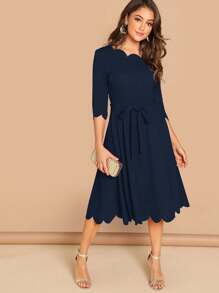 SHEIN Clasi Đầm cổ tròn viền vỏ sò màu trơn thanh lịch cho nữ - Màu xanh hải quân - Xem 4