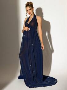 SHEIN Pregnant Women's Sparkly V-Neck Dress With Slit Bottom And Sheer Overlay - Navy Blue - View 4