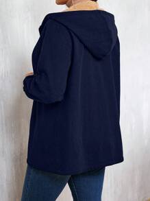 Plus Size Solid Color Thermal Lined Hooded Zip Up Long Sleeve Jacket, Autumn/Winter - Navy Blue - View 2