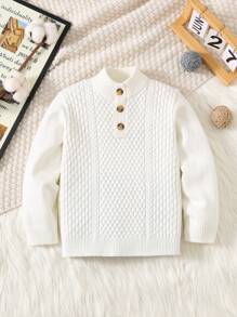 SHEIN Leap Crew Young Boy Casual Street High Collar Half Zip Pullover Loose Warm Knitted Sweater,In Fall/Winter - White - View 5