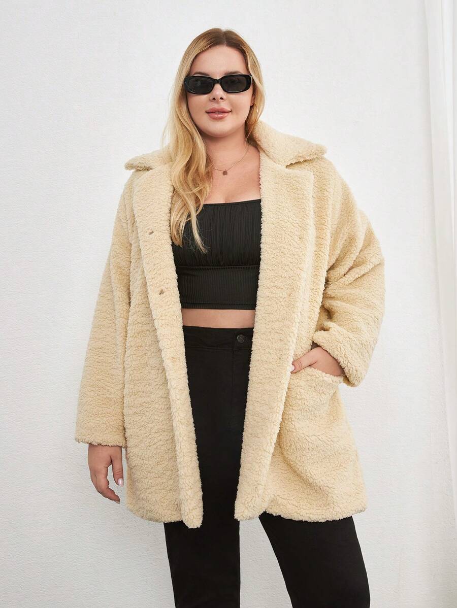 SHEIN Cottnline Manteau en tissu teddy mi-long à col châle pour femmes grande taille, pour l'hiver - Beige - Voir 1