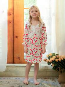 SHEIN Girls Woven Floral Print Lace Long Sleeve Maxi Nightgown, Comfortable Loungewear