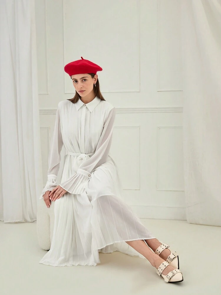 New  Winter Products,Women Lapel Pleats  Long Sleeve Waist Strap Elegant Dress,Winter Women Dress,Christmas Women Clothes,Party Women Dresses,New Years Dress,White Dress