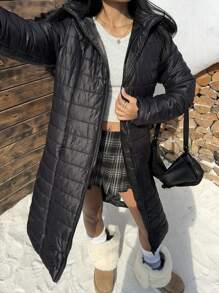 SHEIN EZwear 全新冬季女式绗缝加厚派克大衣，带毛领和兜帽 - 黑色 - 查看 4