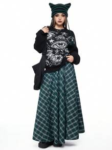 ROMWE Fairycore Women's Autumn Fashionable Countryside Style Patterned Pocketed Skirt