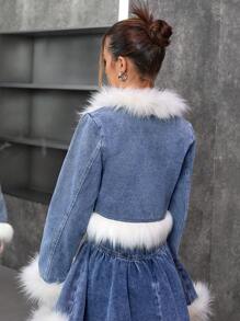 SHEIN 少女Y2K蓝色牛仔白毛领外套，秋冬季，酷炫/少女感恩节，秋冬 - 深色水洗藍 - 查看 2