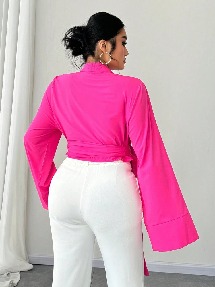 SHEIN Unity 1pc Women Plus Size Solid Color Knotted Pleated Elegant Long Sleeve Bow Blouse - Hot Pink - View 5