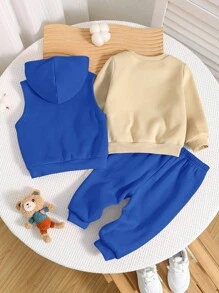 SHEIN 3pcs Baby Boys Autumn/Winter Outfit: Cute Bear Graphic Fuzzy Zip-Up Hooded Jacket, Loose Casual Sweatpants, Solid Color All-Match Crew Neck Pullover Sweatshirt. Suitable For Indoor & Outdoor